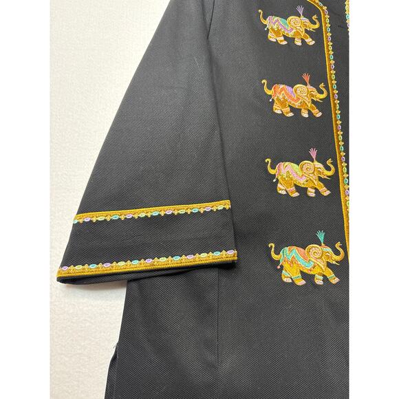 Bob Mackie wearable art black coat embroidered Elephants gold logo buttons large - Picture 8 of 16